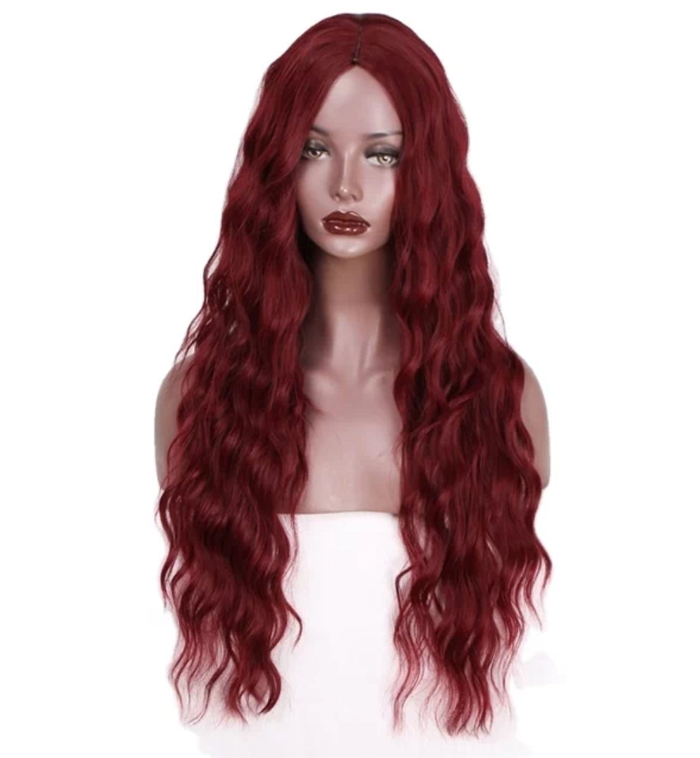 Wine red long wavy synthetic wig