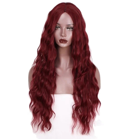 Wine red long wavy synthetic wig