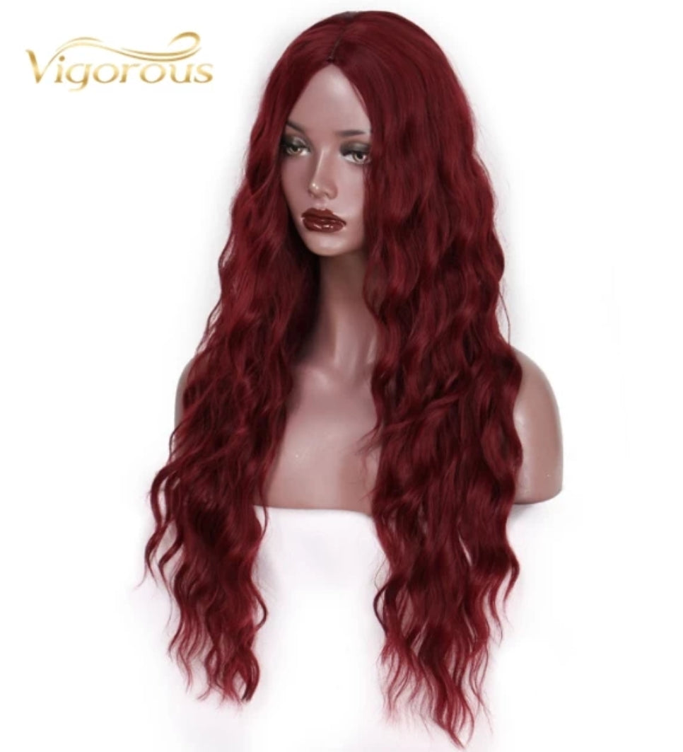 Wine red long wavy synthetic wig