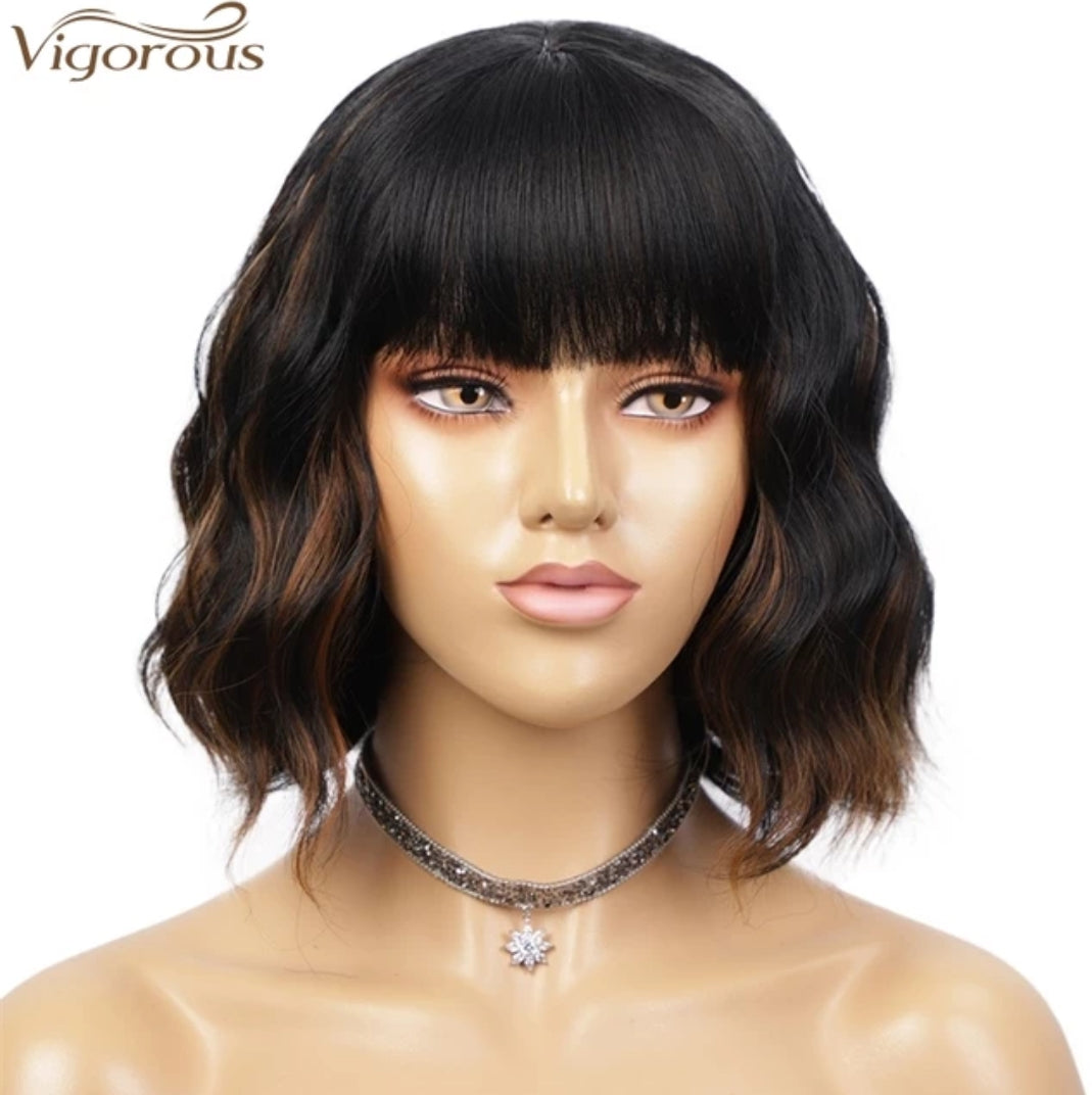 Black, brown short wig with bangs