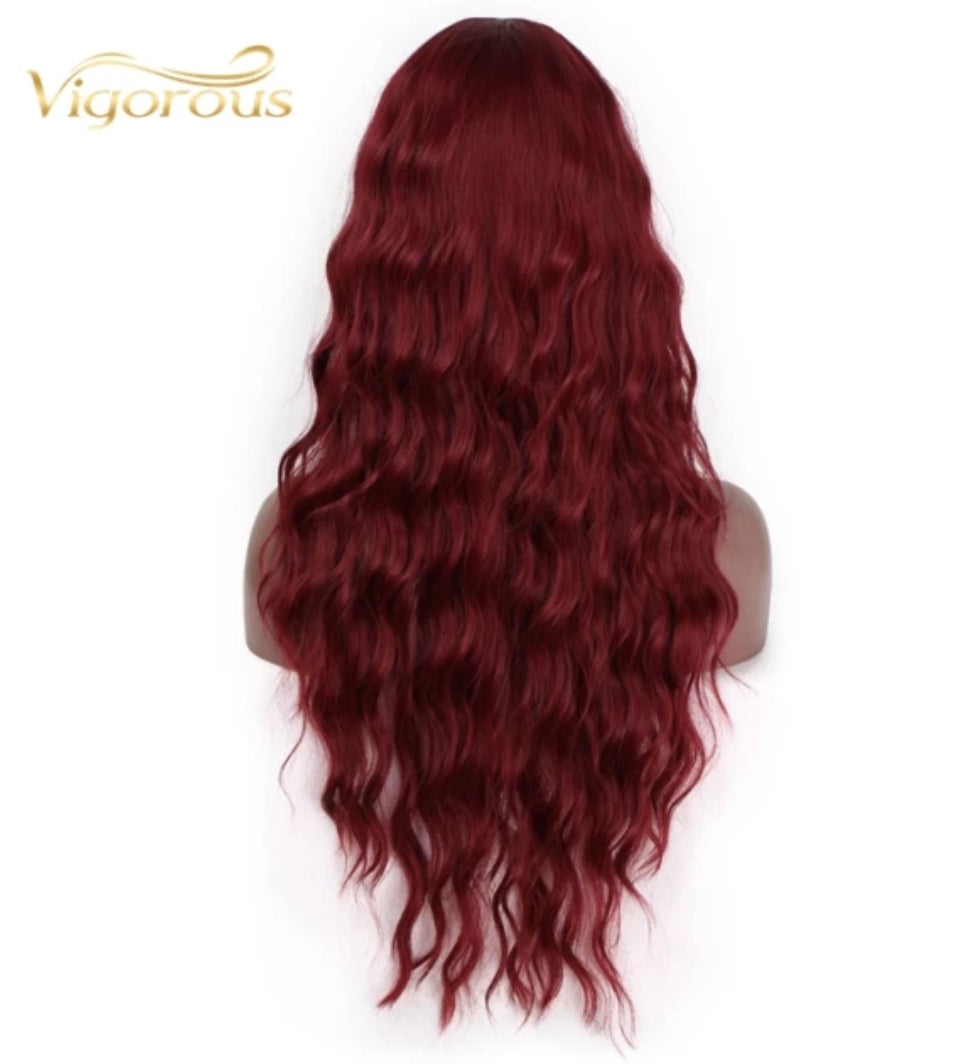 Wine red long wavy synthetic wig